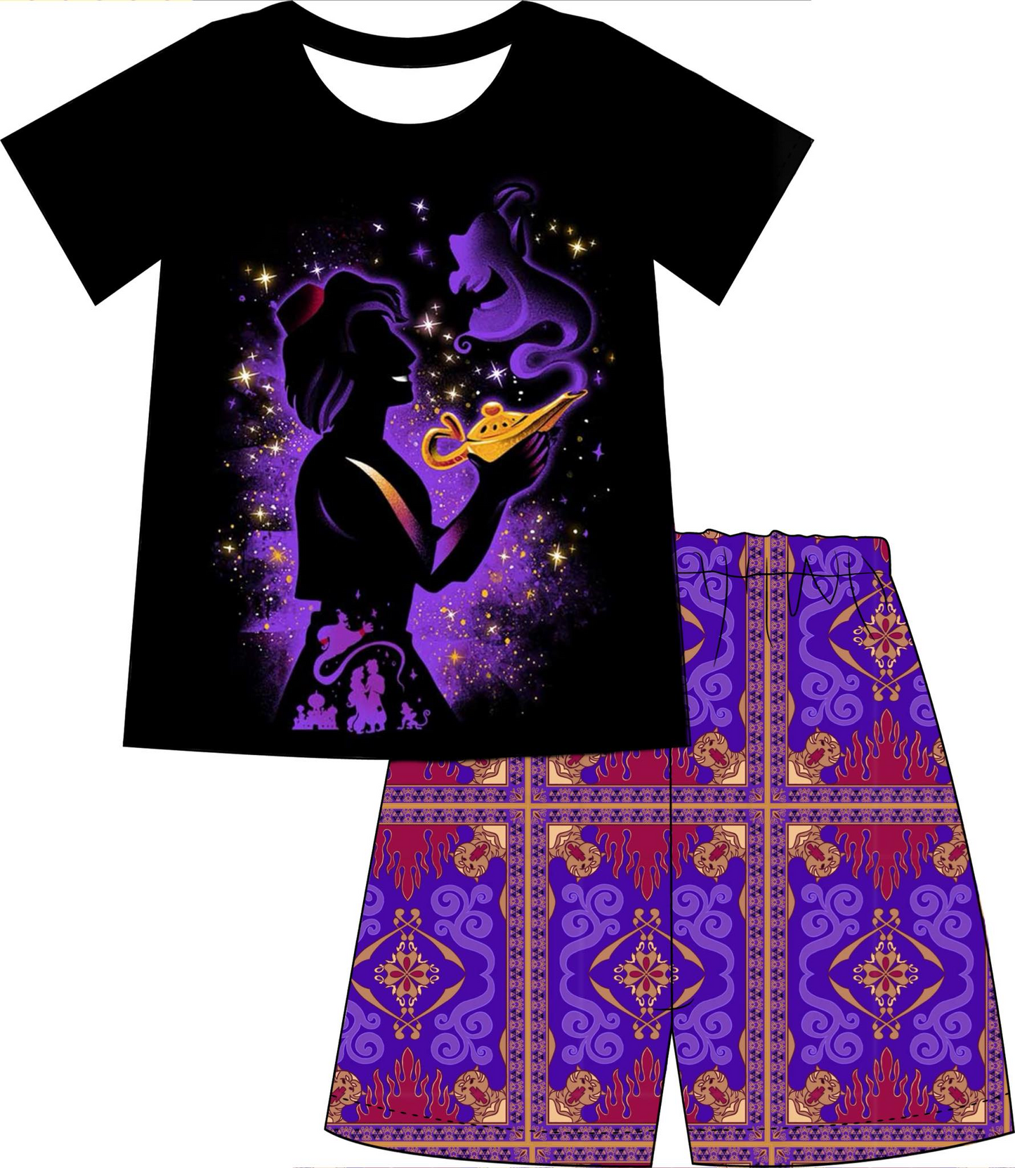 custom style cartoon light black short sleeve purple print shorts boys set tat 6-8 weeks
