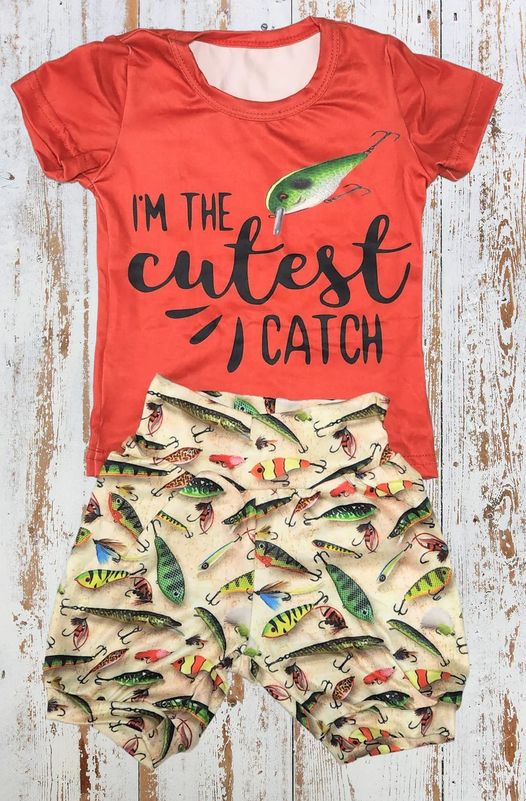 preorder BSSO0426 I'm The Cutest Catch Red Short Sleeve Fishing Shorts Boys Set