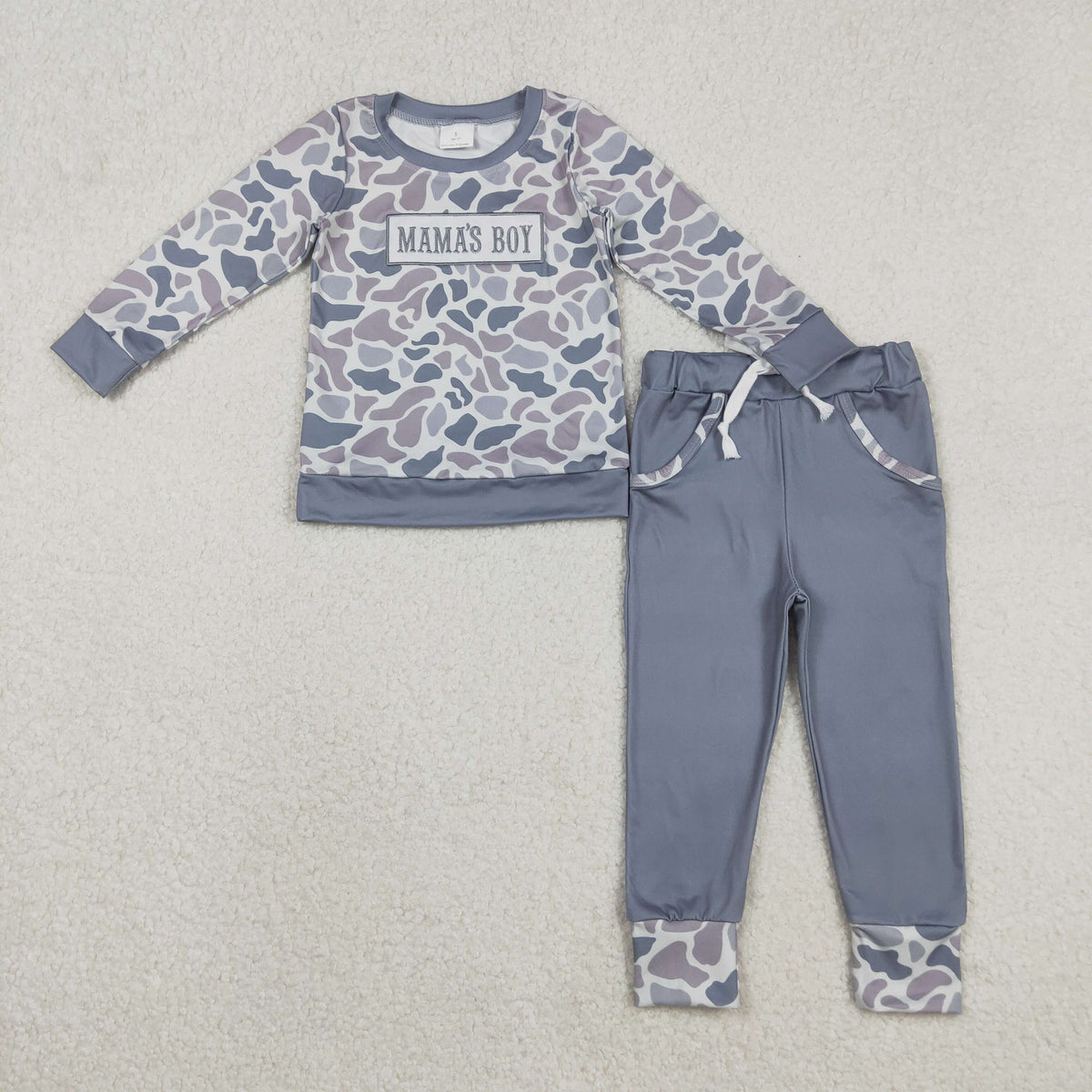 Embroidery BLP1335 mama's boy hunting camo long sleeve pants boys set