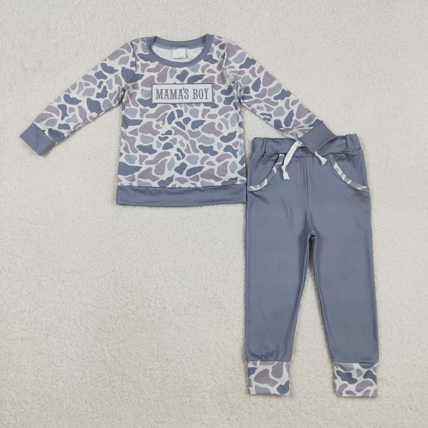 Embroidery BLP1335 mama's boy hunting camo long sleeve pants boys set