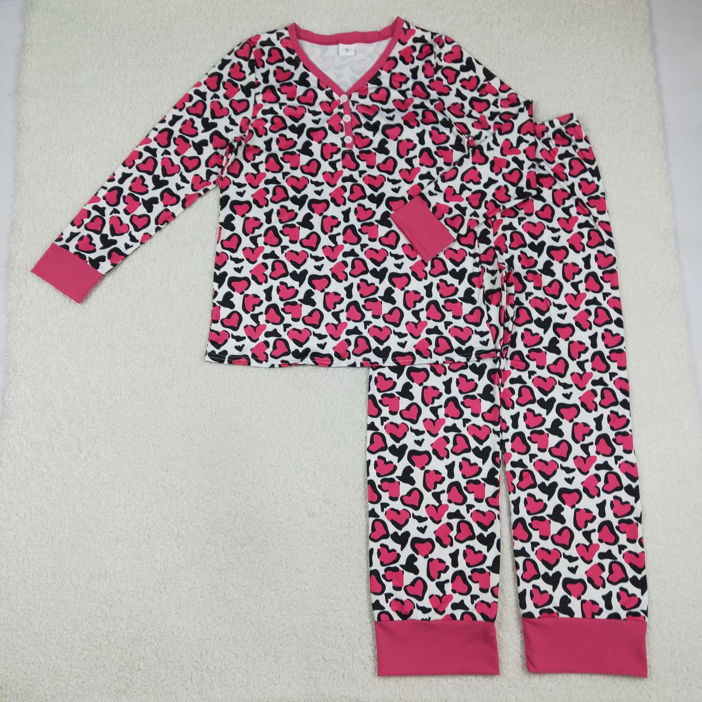 GLP2826 Valentine's Day hot pink heart long sleeve pants adult women pajamas