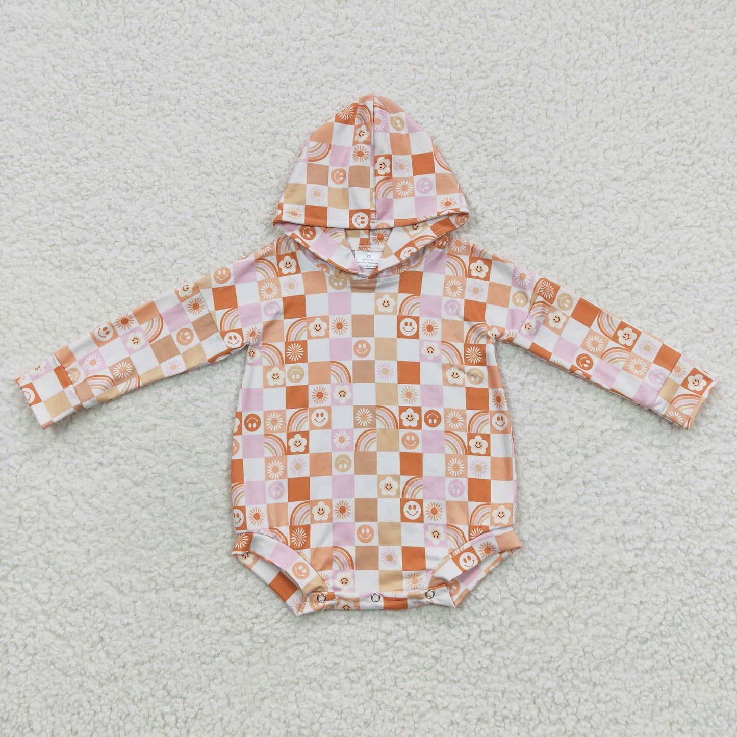 LR0271 Smile Flowers Orange Check Hoodie Long-sleeve Romper