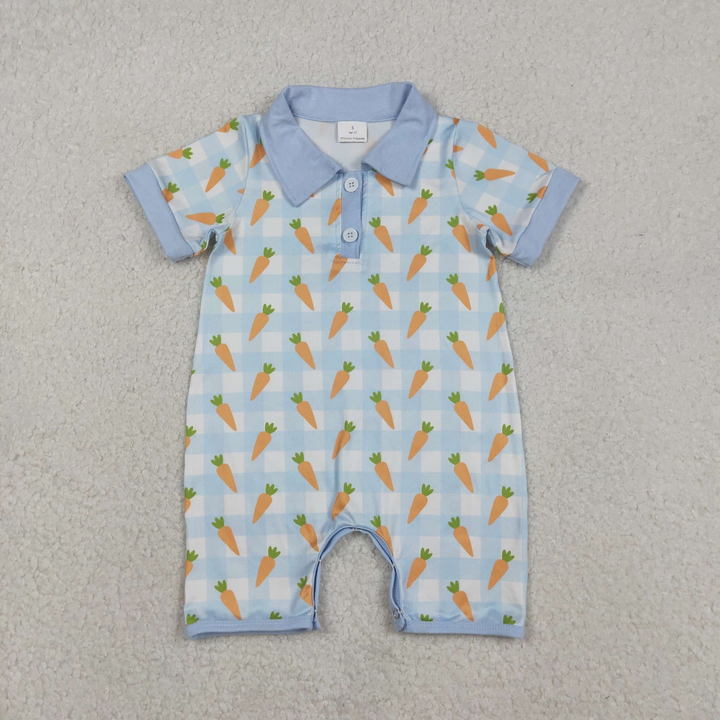 SR3254 Easter carrot blue checkered short sleeve boys romper