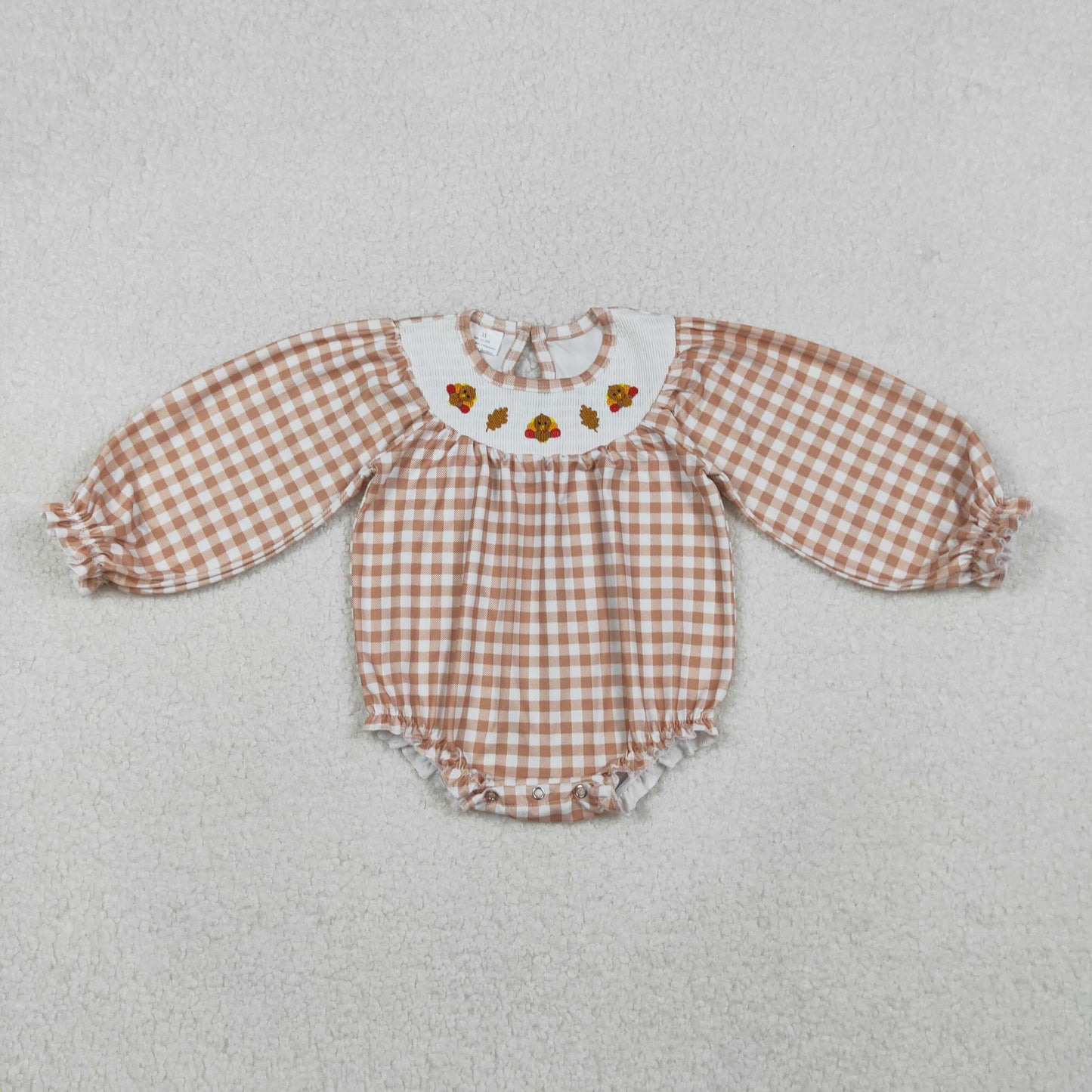 embroidery LR2205 smocked Thankgiving turkey khaki checkered long sleeve girls romper