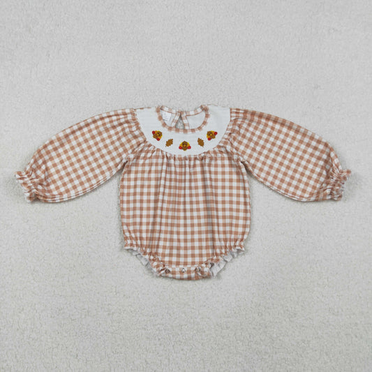 embroidery LR2205 smocked Thankgiving turkey khaki checkered long sleeve girls romper