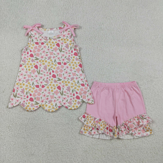 GSSO3389 Flowers Bows Sleeveless Pink Shorts Girls Set