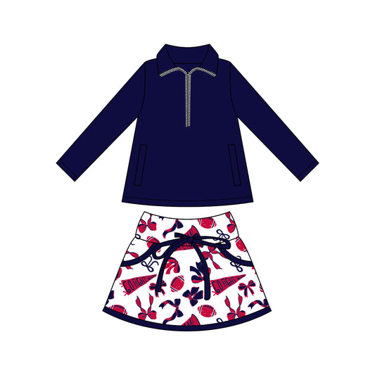 custom moq 3 football item yoga navy blue zipper long sleeve red cheer bows skorts skirt girls set