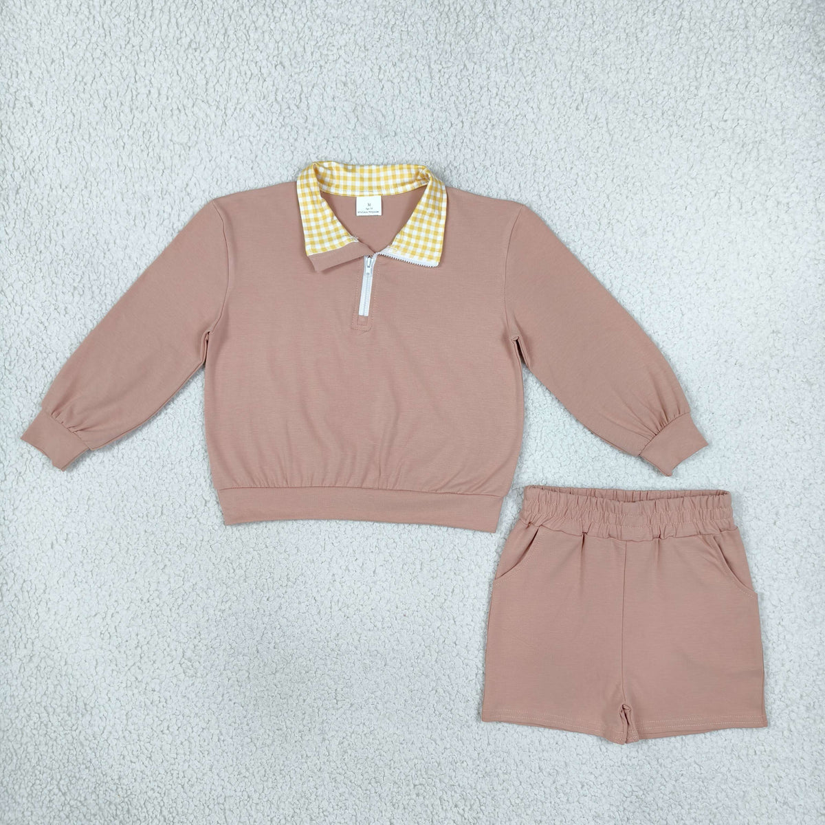GLS0227 Khaki Zipper Long Sleeve Shorts Girls Set