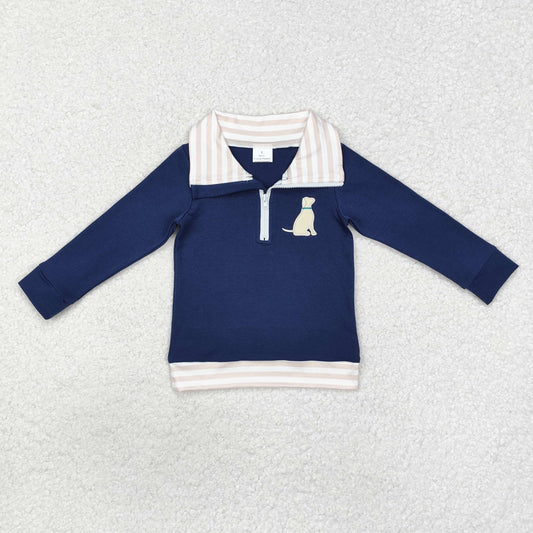 embroidery BT0893 cute dog navy blue zipper long sleeve boys pullover