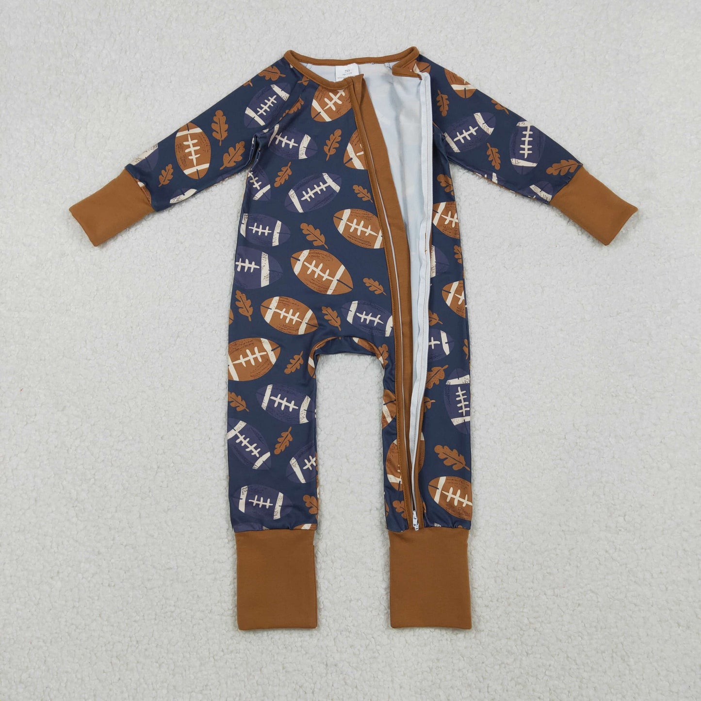 LR2543 football leaf navy blue zipper long sleeve boys romper