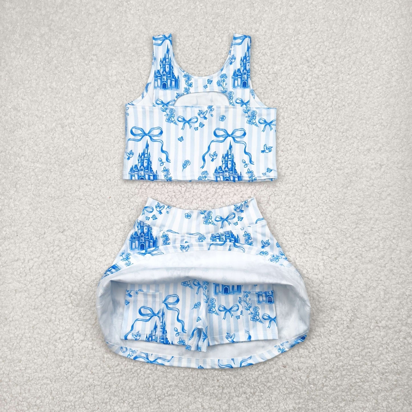 GSD2198 yoga blue bows coquette bows castle sleeveless skirt with shorts girls set