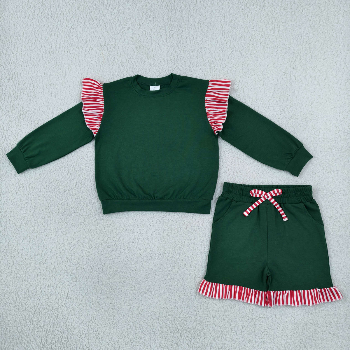 GLS0223 Christmas Cotton Green Long Sleeve Shorts Girls Set