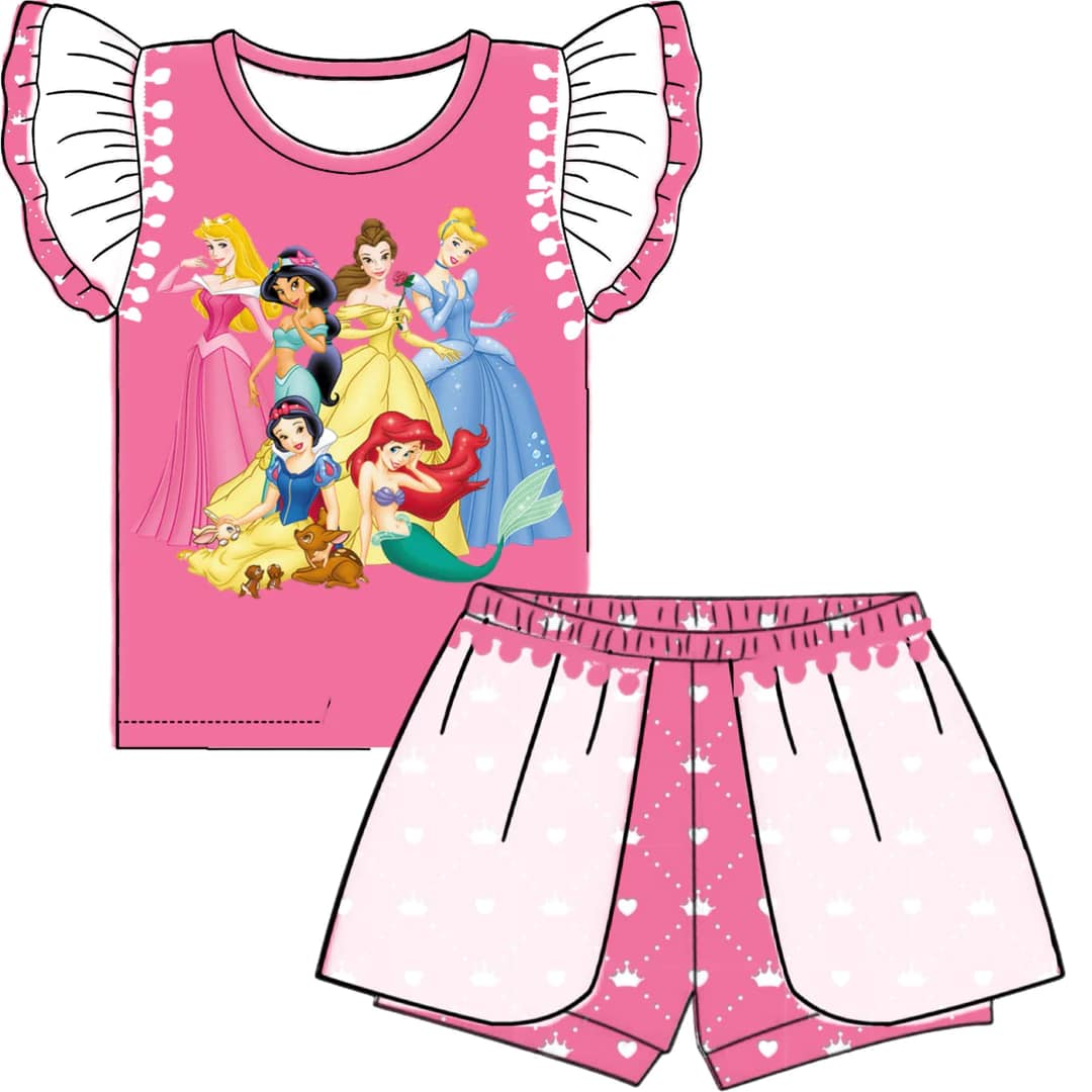 custom style cartoon princess pink flutter sleeve shorts girls set tat 6-8 weeks