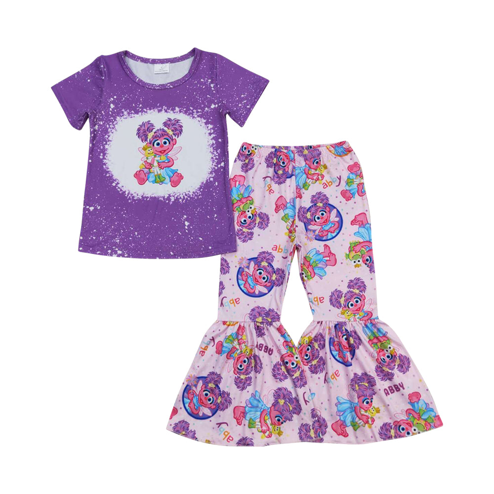 GSPO1359 Cartoon Cute Girl Baby Purple Short Sleeve Pants Girls Set