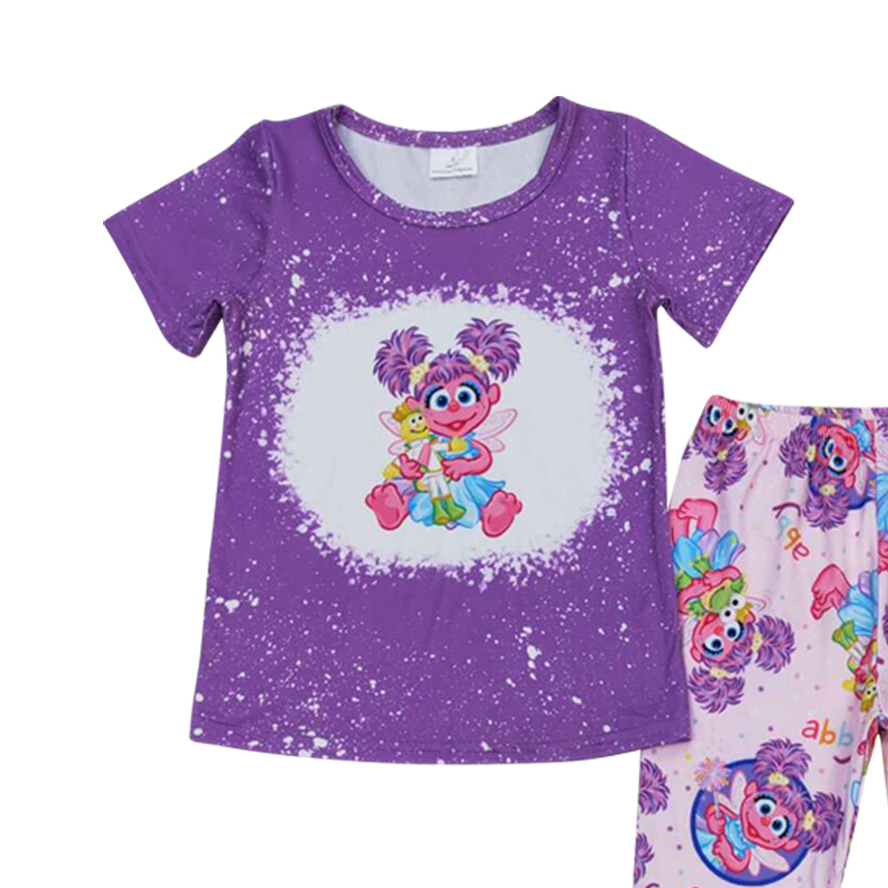 GSPO1359 Cartoon Cute Girl Baby Purple Short Sleeve Pants Girls Set
