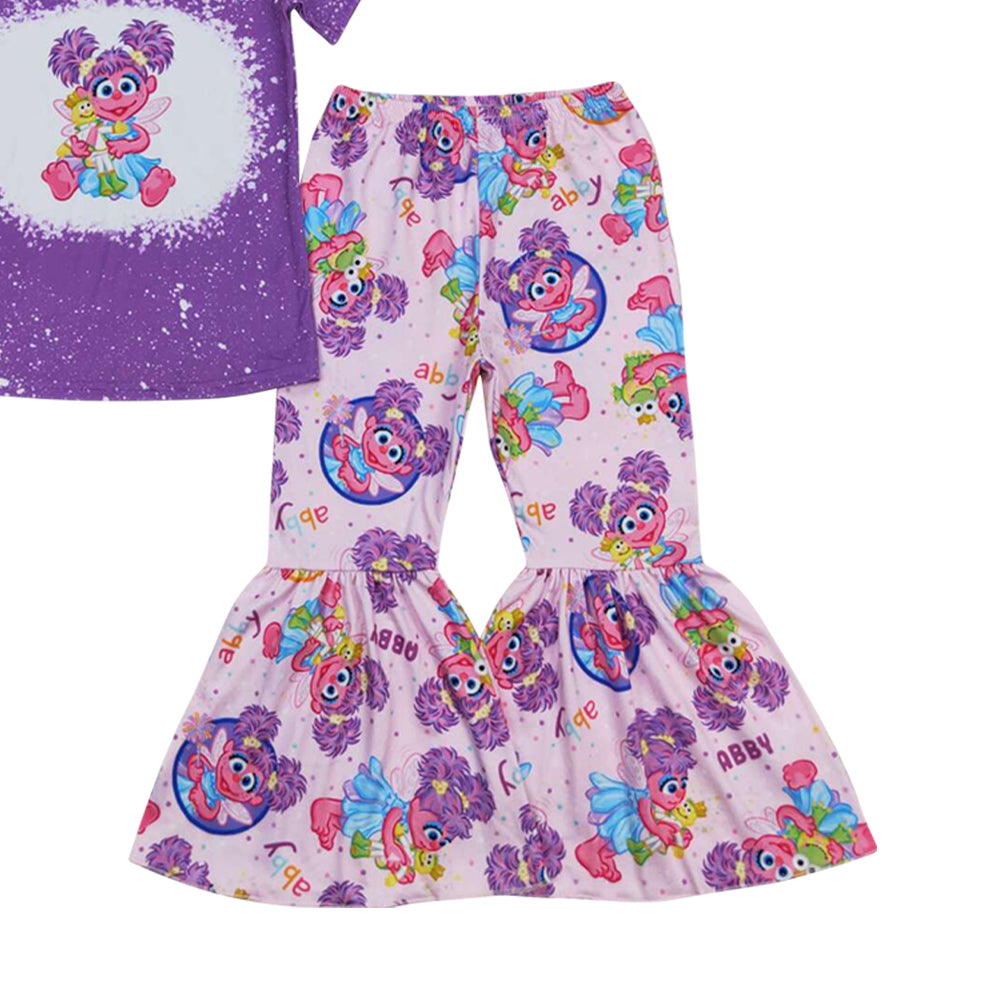 GSPO1359 Cartoon Cute Girl Baby Purple Short Sleeve Pants Girls Set