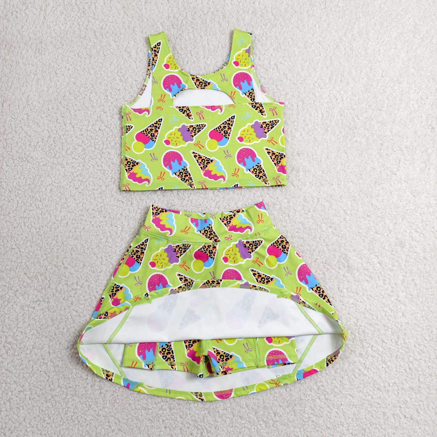 GSD2520 yoga colorful ice bows green sleeveless skirt with shorts girls set