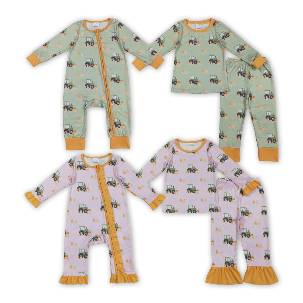Farm tracktor pumpkin pajamas/romper RTS Sibling Clothes