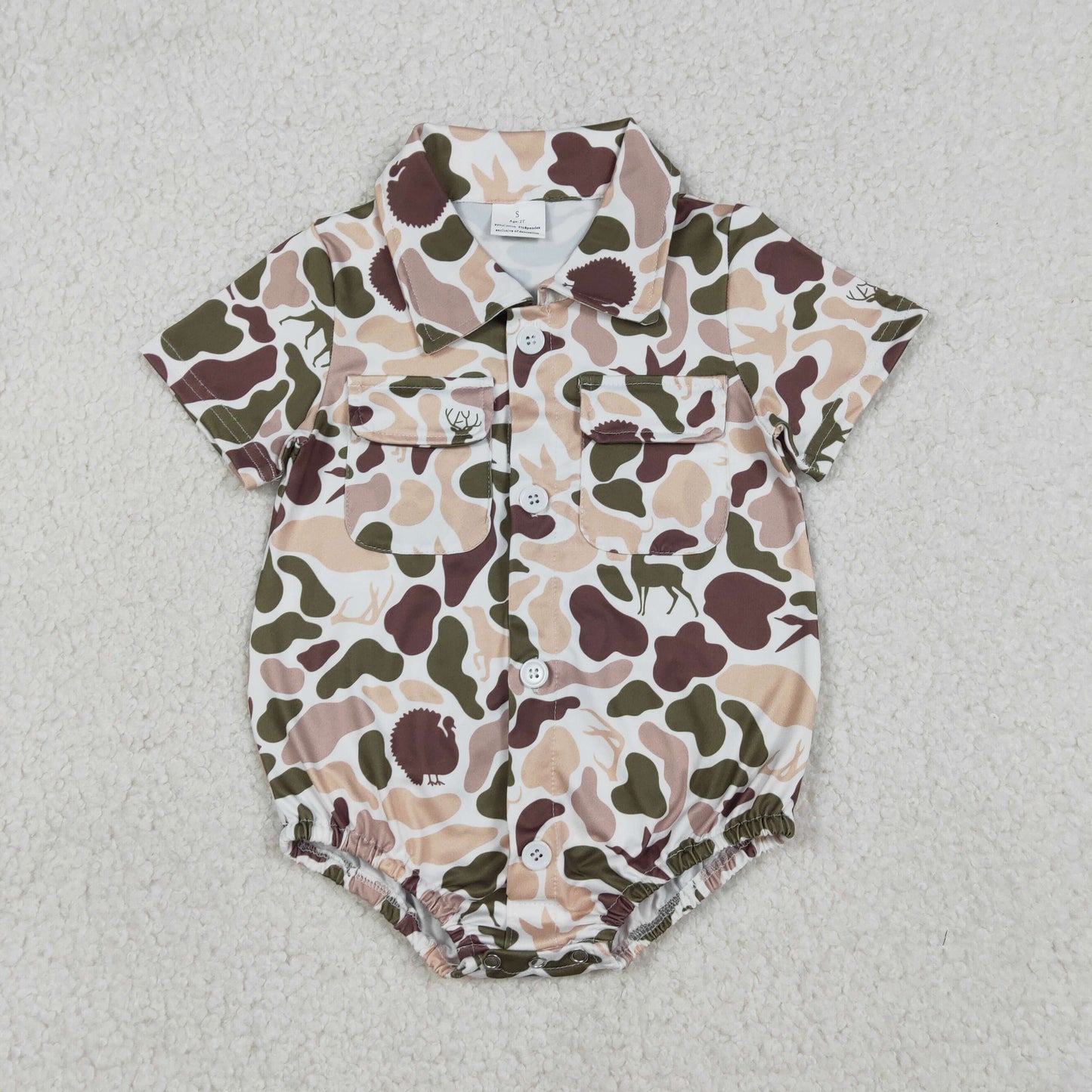 SR3657 Hunting Camo Pockets Short Sleeve Boys Romper