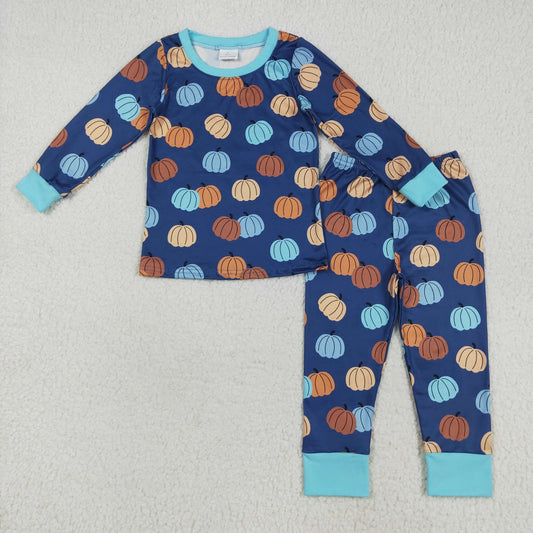 Custom moq 20 bamboo colorful pumpkin navy blue long sleeve pants boys pajamas