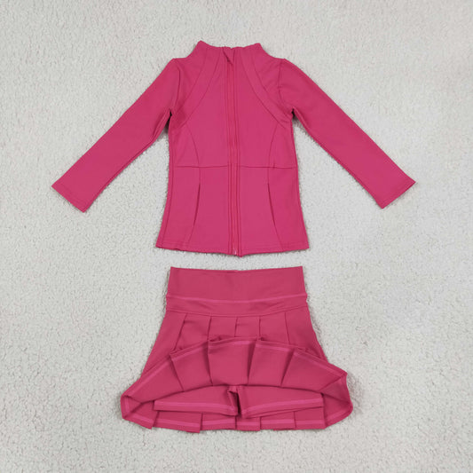 GLD1703 Yoga Hot Pink Zipper Long Sleeve Skorts Girls Set