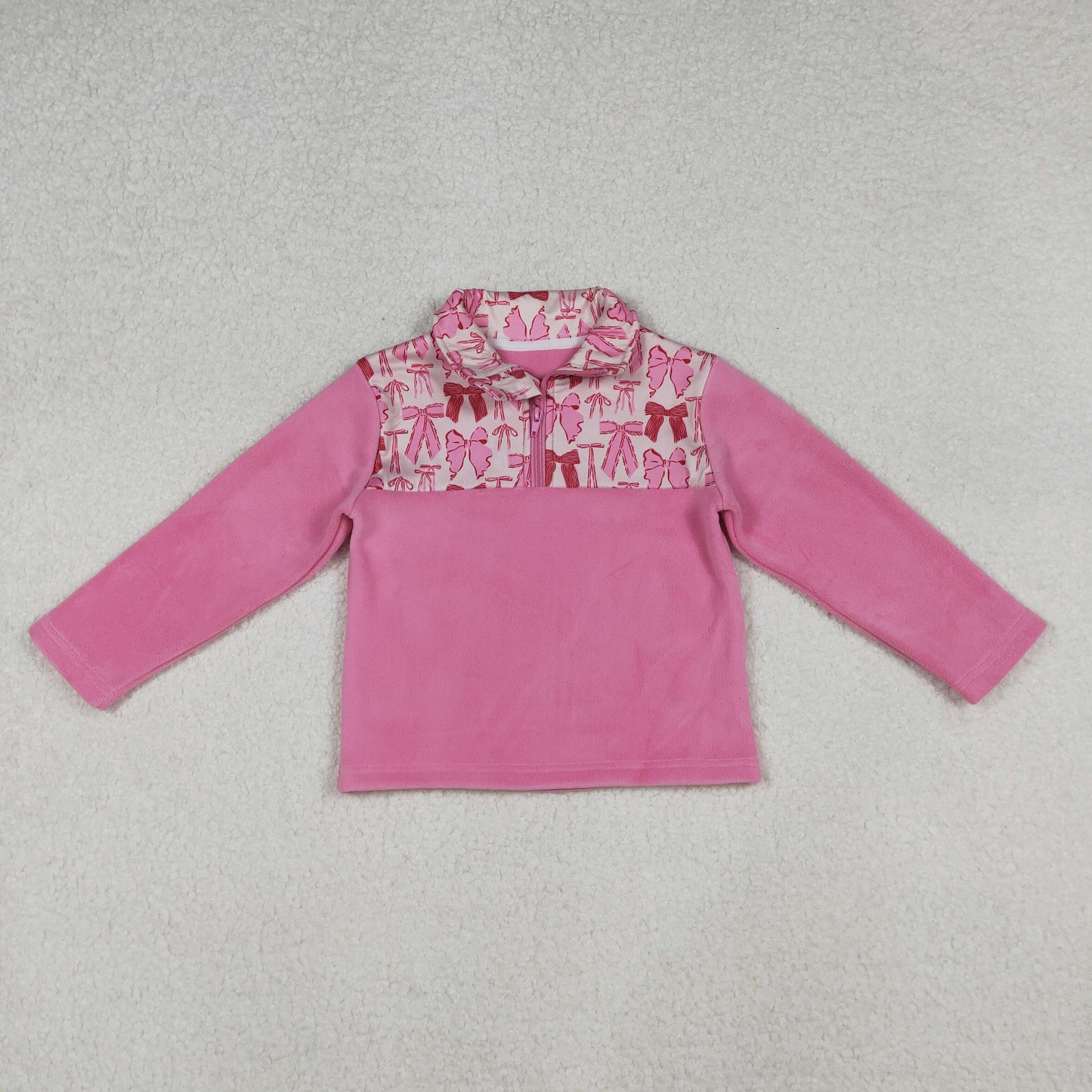 GT1149 sherpa pink red bows zipper long sleeve girls top