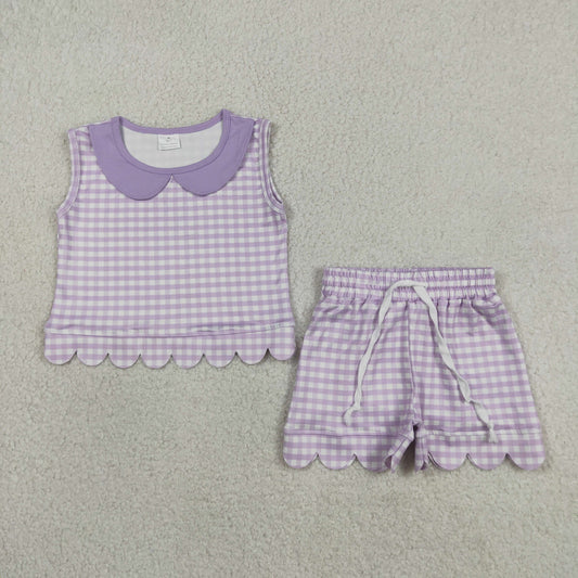 GSSO3396 Scallop Purple Checkered Sleeveless Shorts Girls Set