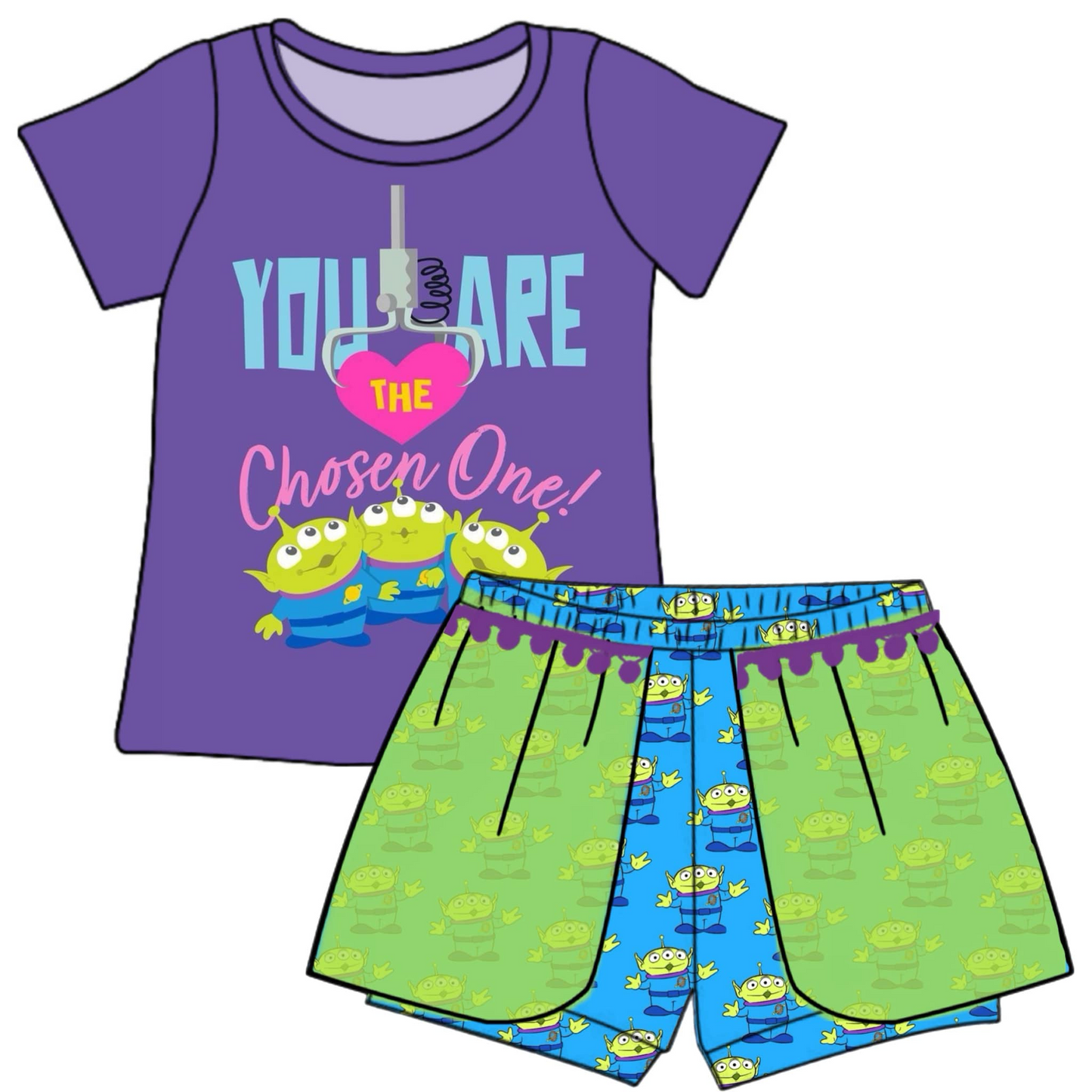 custom style cartoon monster purple short sleeve shorts girls set tat 6-8 weeks