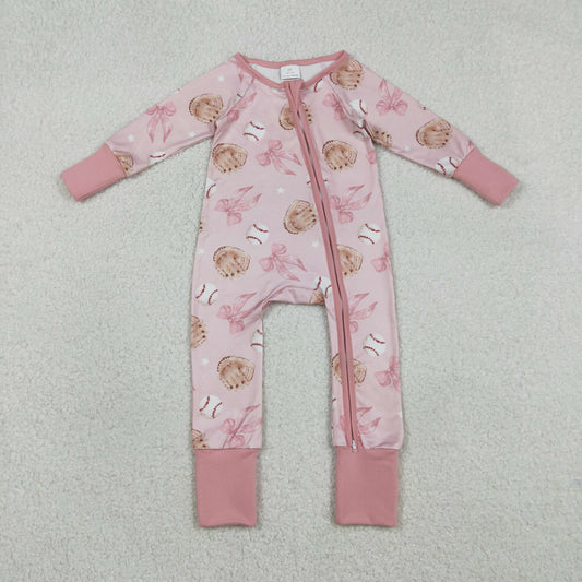 LR2967 Baseball Pink Bows Zipper Long Sleeve Girls Romper