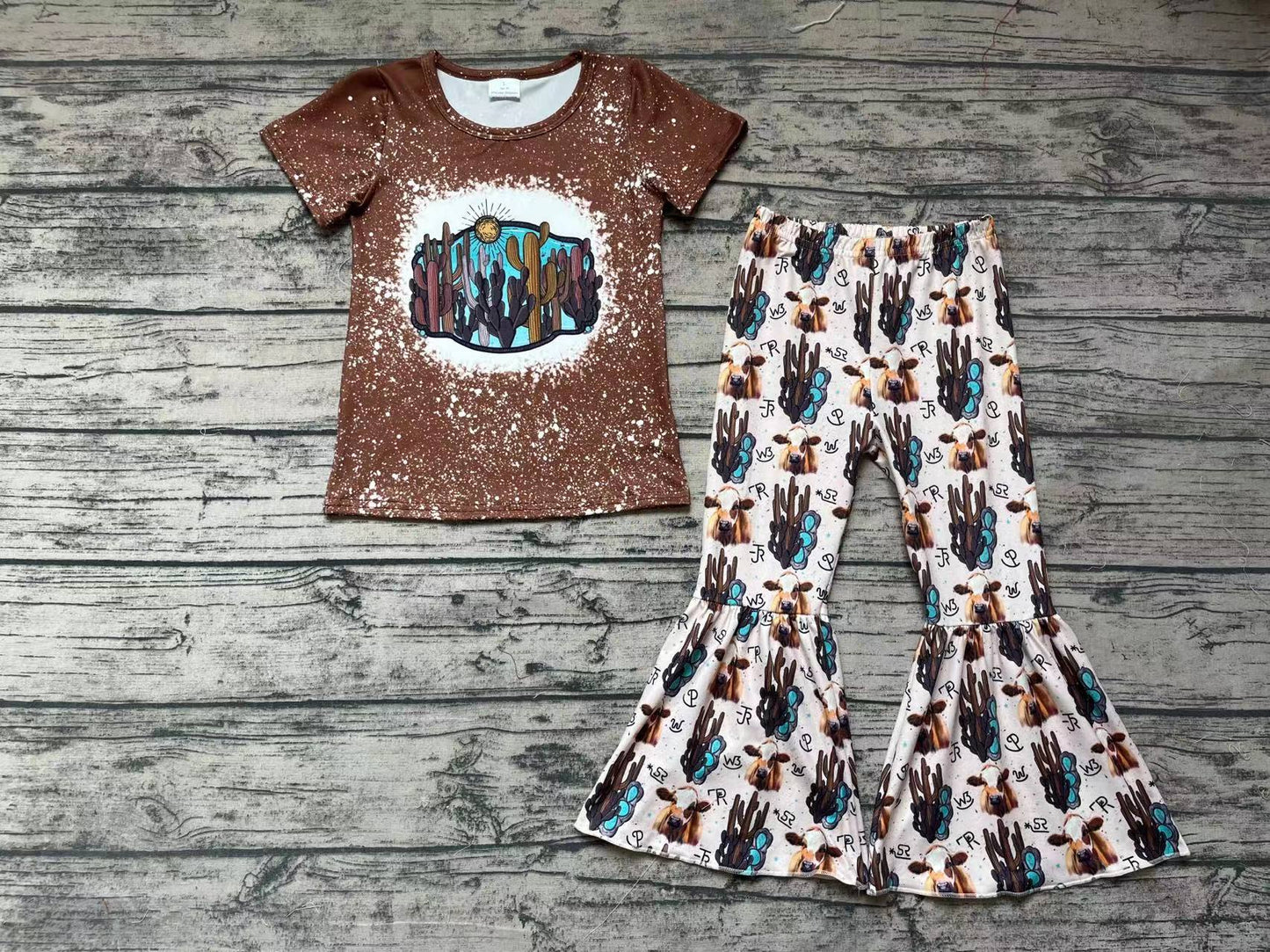 preorder GSPO0647 Sun Cactus Brown Short Sleeves Cow Pants Girls Summer Set