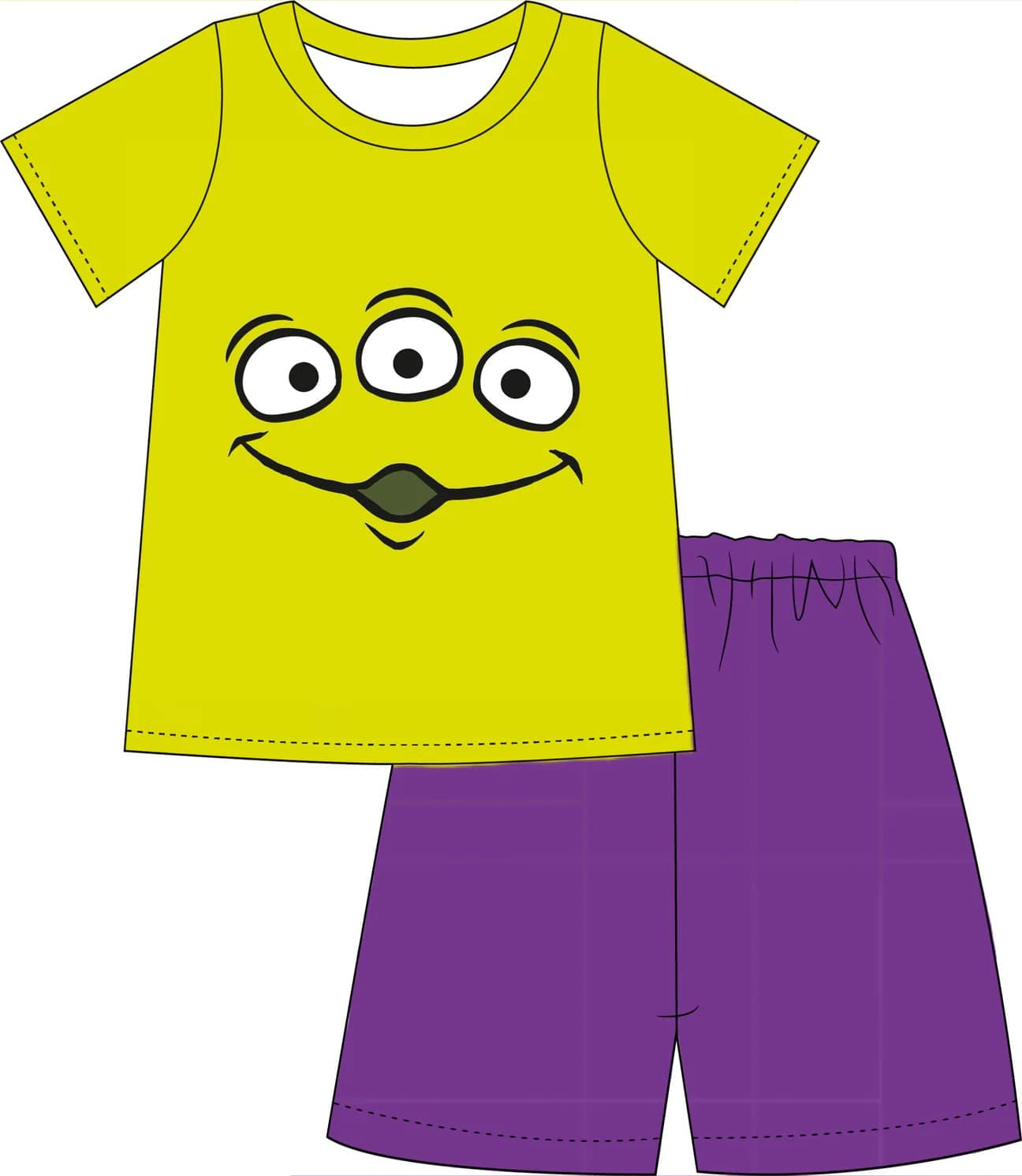 custom style cartoon monster green short sleeve purple shorts boys set tat 6-8 weeks