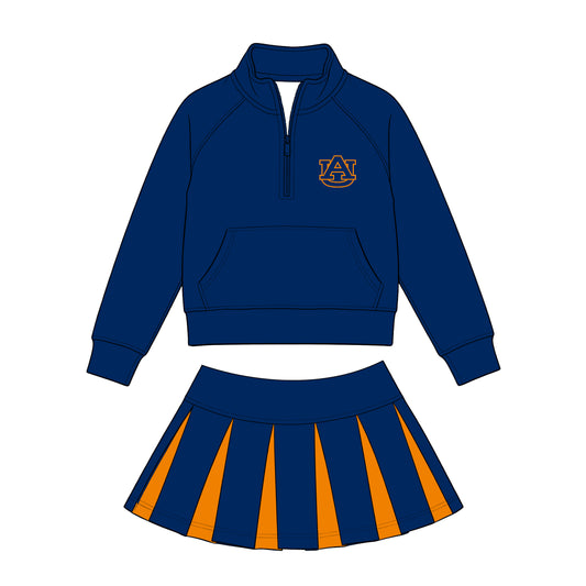 Custom Moq 3 Navy Blue Zipper Long Sleeve Skorts Girls Set