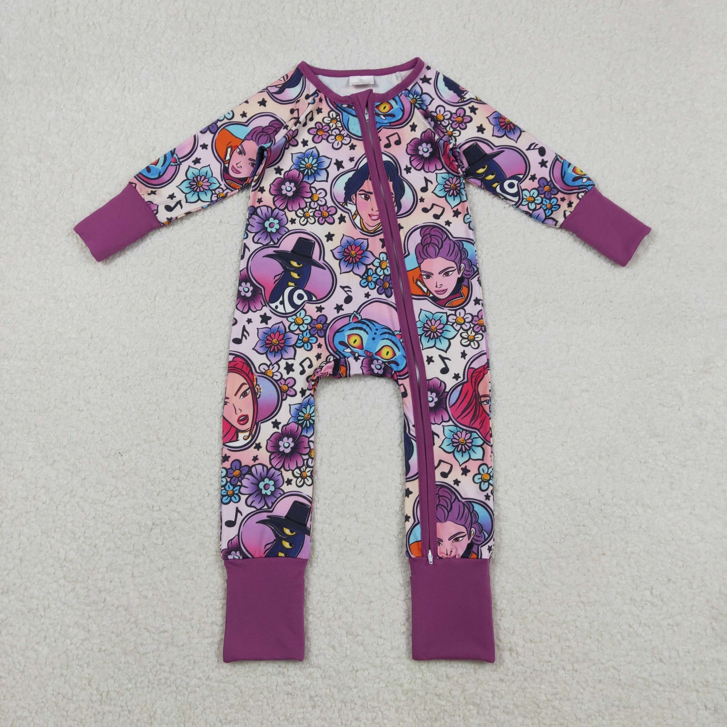 LR2732 cartoon cat witch flowers purple zipper long sleeve girls romper