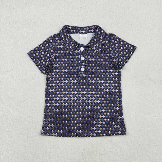 BT1356 Mardi Gras yellow green purple print short sleeve boys top