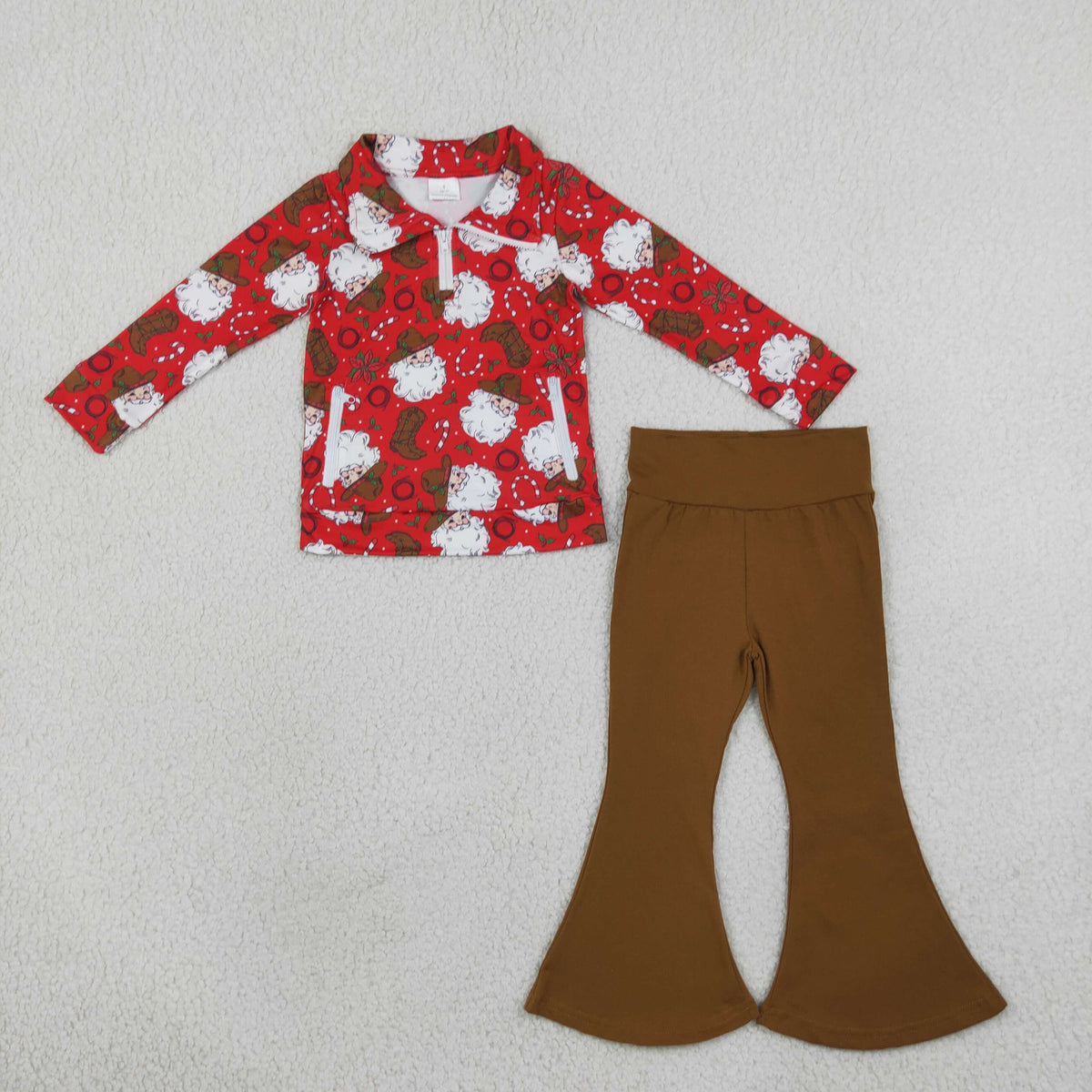 GLP3509 Christmas Santa Zipper Long Sleeve Brown Pants Girls Set