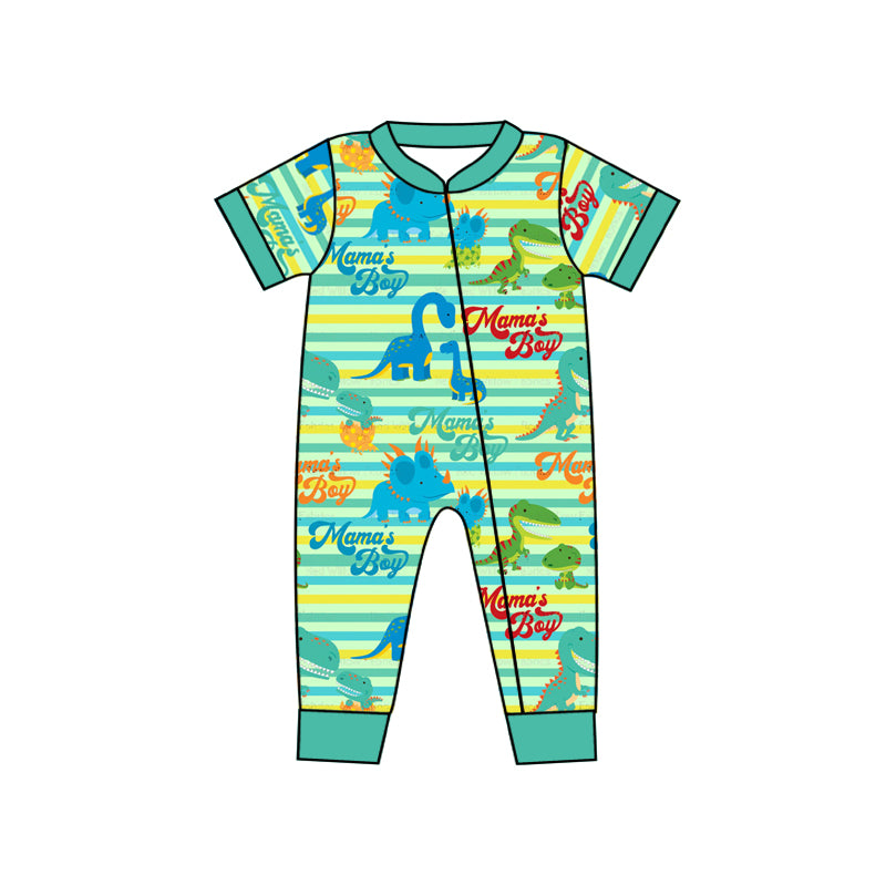 preorder SR0501 Mamas boys dinosaur green striped short sleeve boys romper