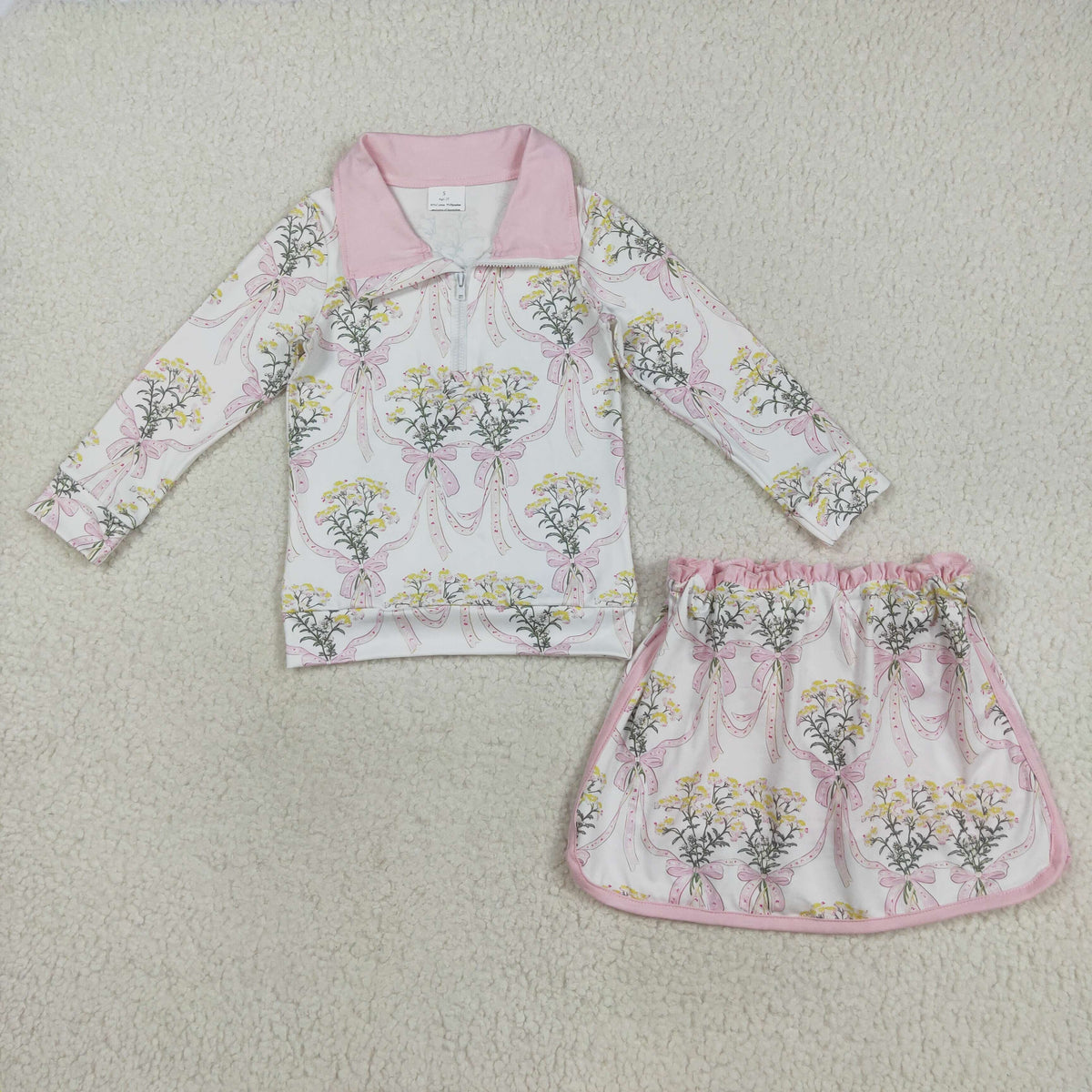 GLD1078 yellow flowers pink bows long sleeve zipper skirt with shorts girls set