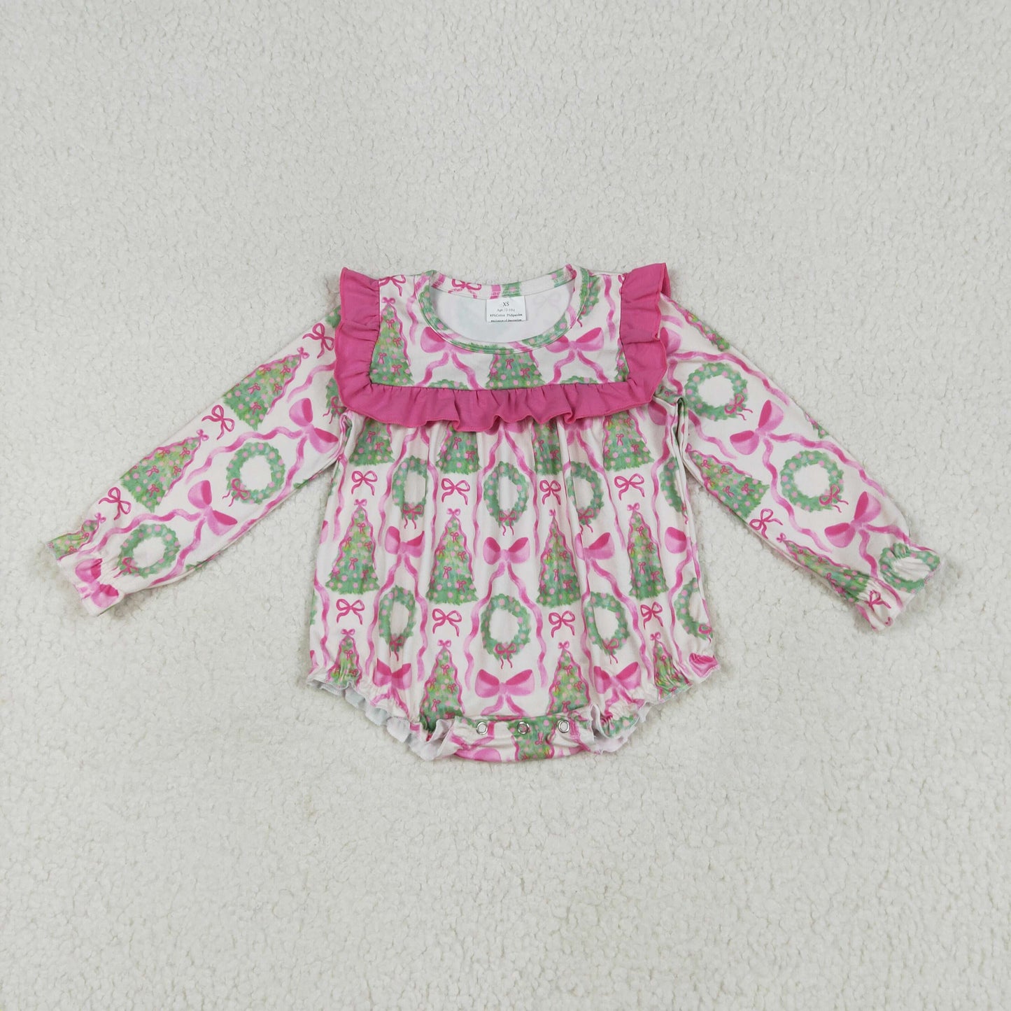 LR2202 Christmas tree hot pink bows long sleeve girls romper