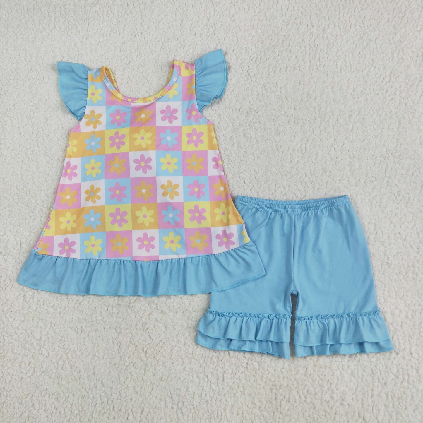 GSSO2623 colorful flowers checkered flutter sleeve blue shorts girls set