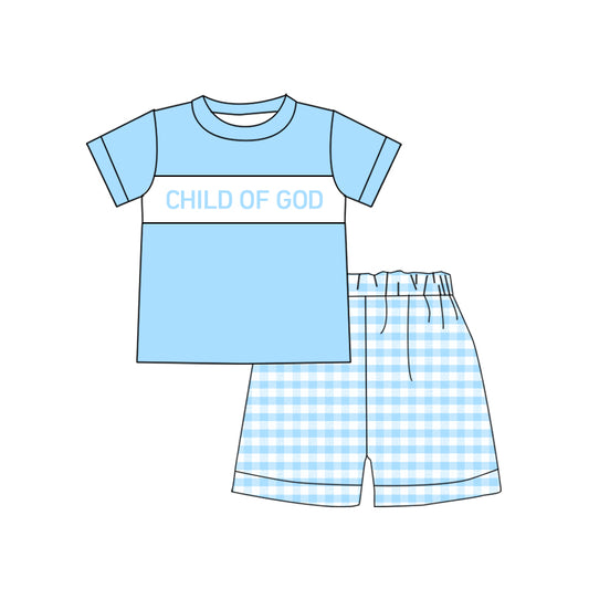 ( Custom Style ) child of god blue short sleeve blue checkered shorts boys set
