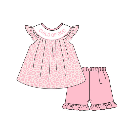 ( Custom Style ) child of god pink leopard flutter sleeve pink shorts girls set