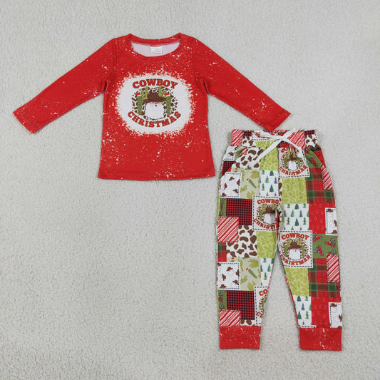 BLP0375 Cowboy Christmas Santa Claus red long sleeve boys set
