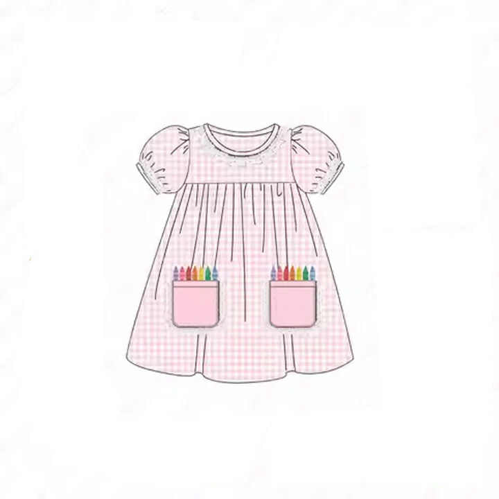 custom back to school pen pockets pink checkered short sleeve girls dress