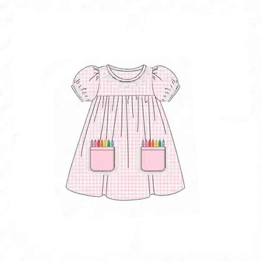 custom back to school pen pockets pink checkered short sleeve girls dress