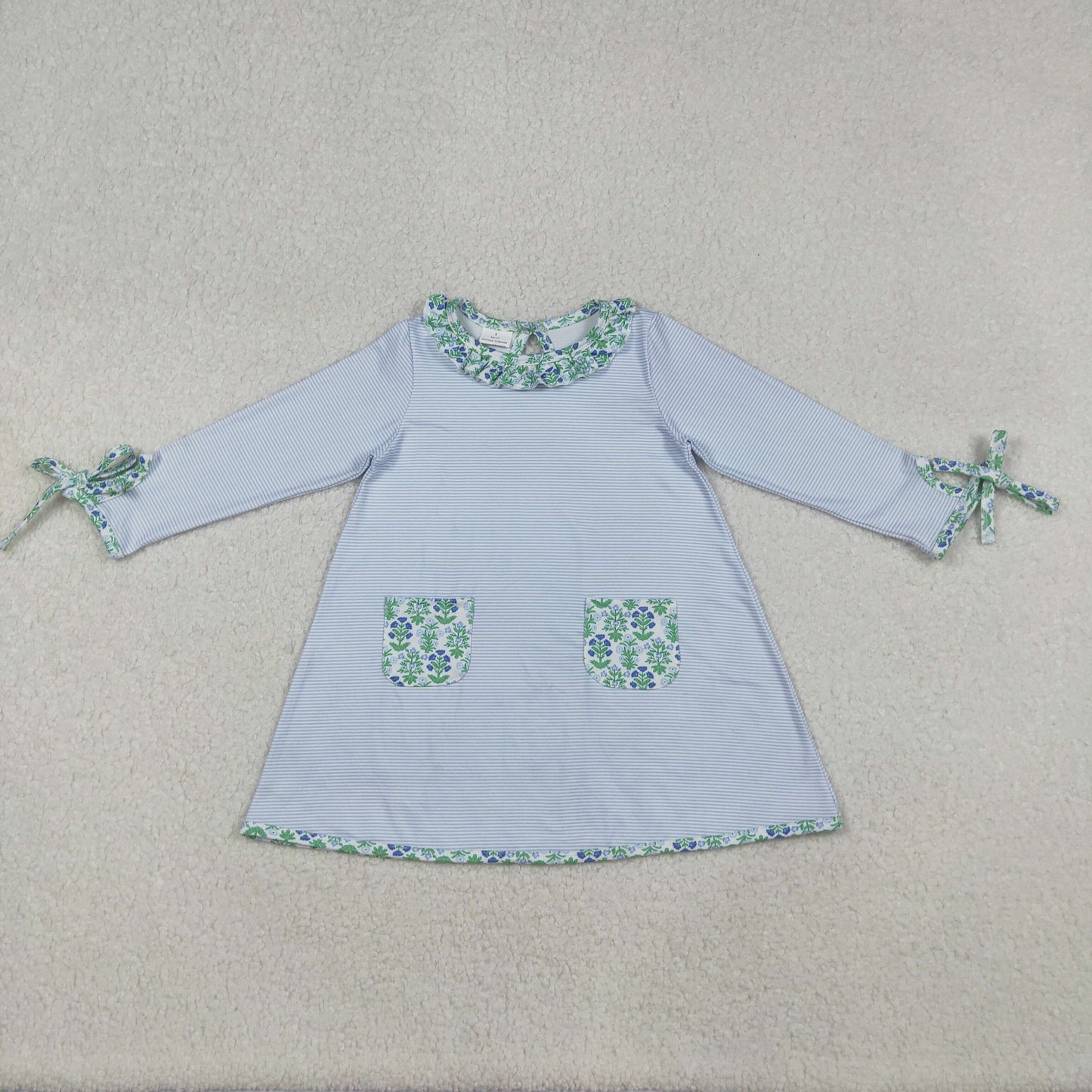 GLD0927 blue flowers floral pockets blue striped long sleeve girls dress