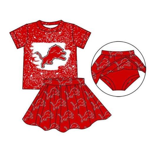 custom football team cartoon lion red short sleeve skirt girls 2pcs set