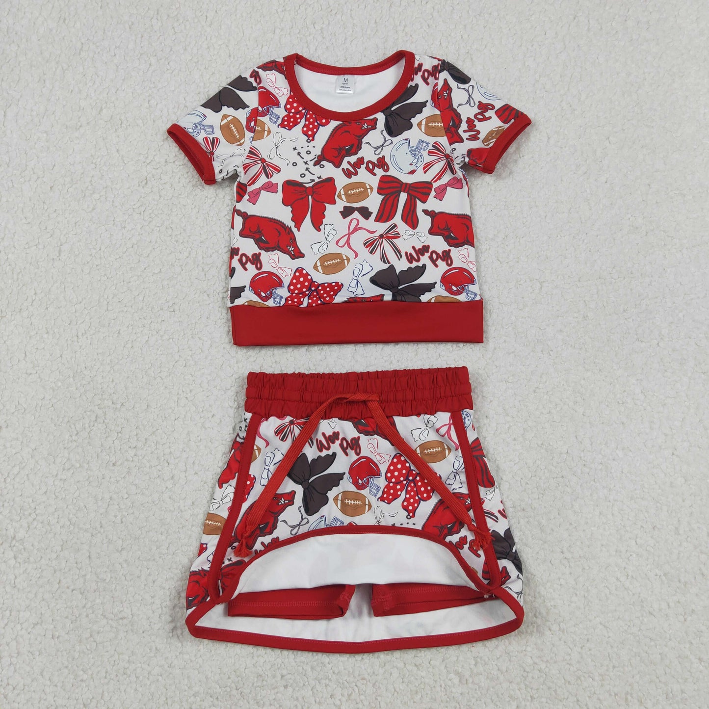 GSD3696 Yoga Football Item Bows Red Sleeveless Skorts Girls Set
