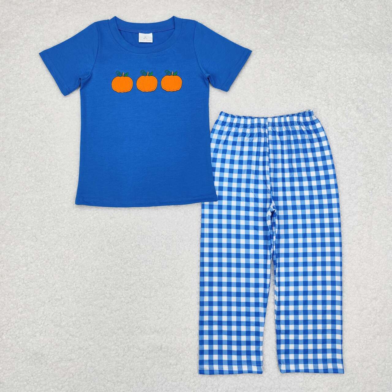 embroidery BSPO0468 Autumn pumpkin blue short sleeve checkered pants boys set