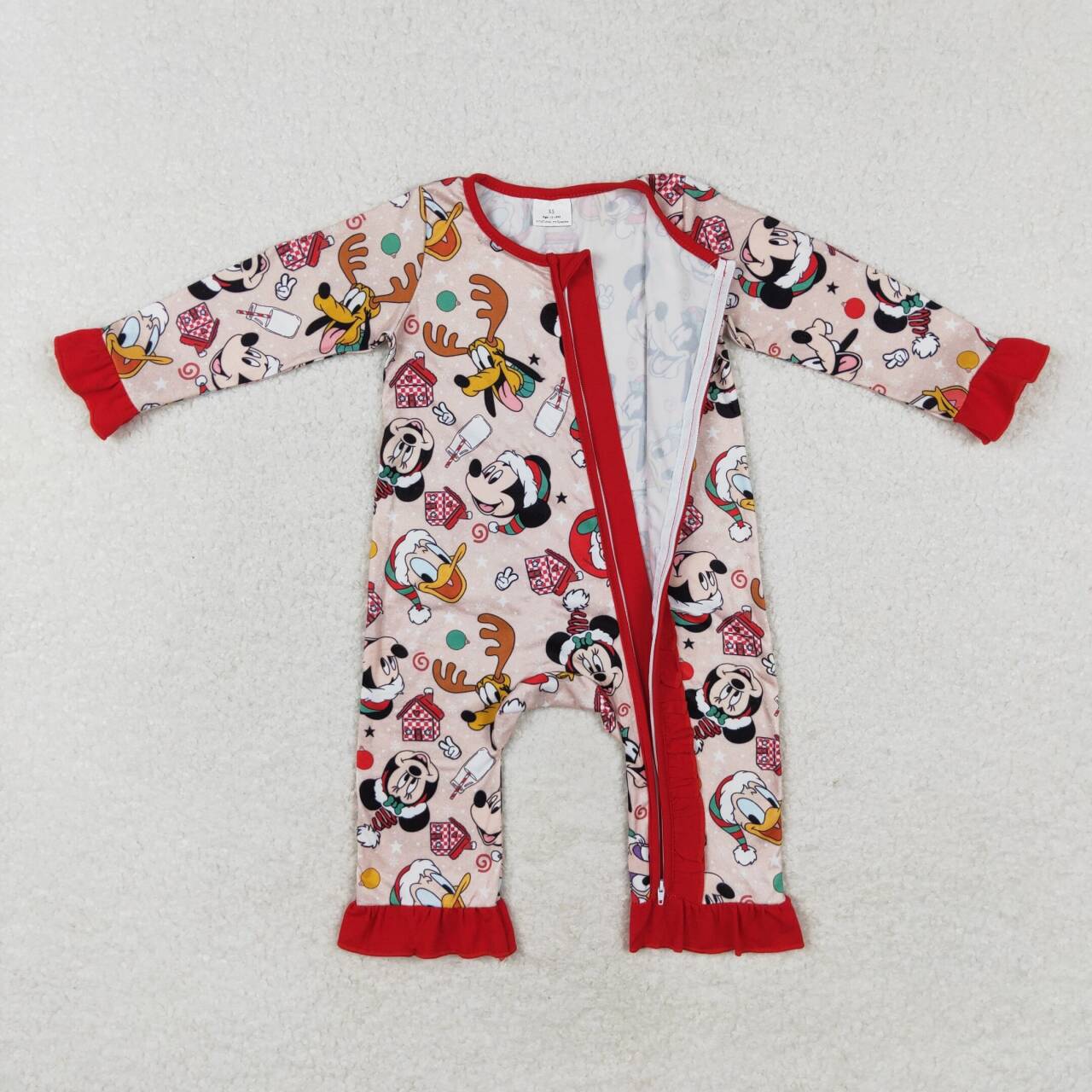 LR1334 Christmas cartoon M red long sleeve girls zipper romper