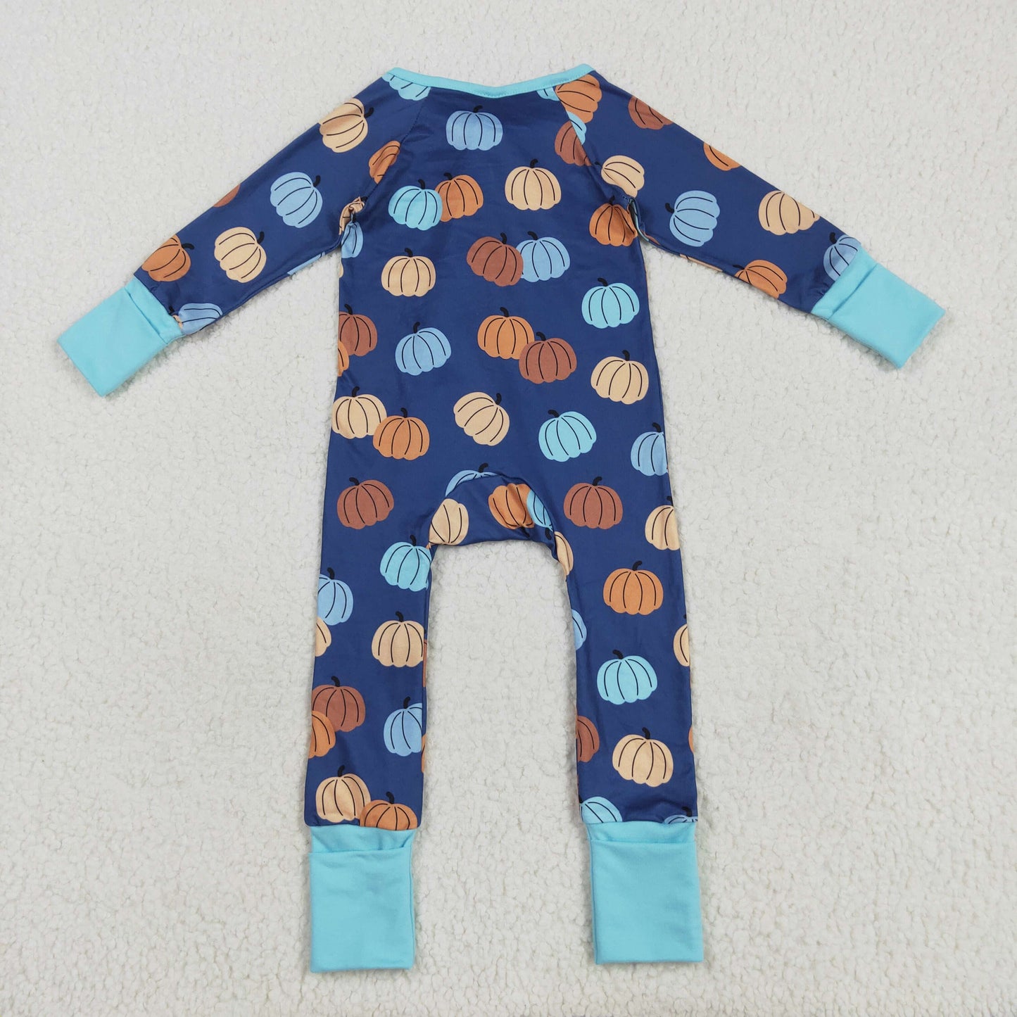 Custom moq 20 bamboo colorful pumpkin navy blue long sleeve zipper boys romper